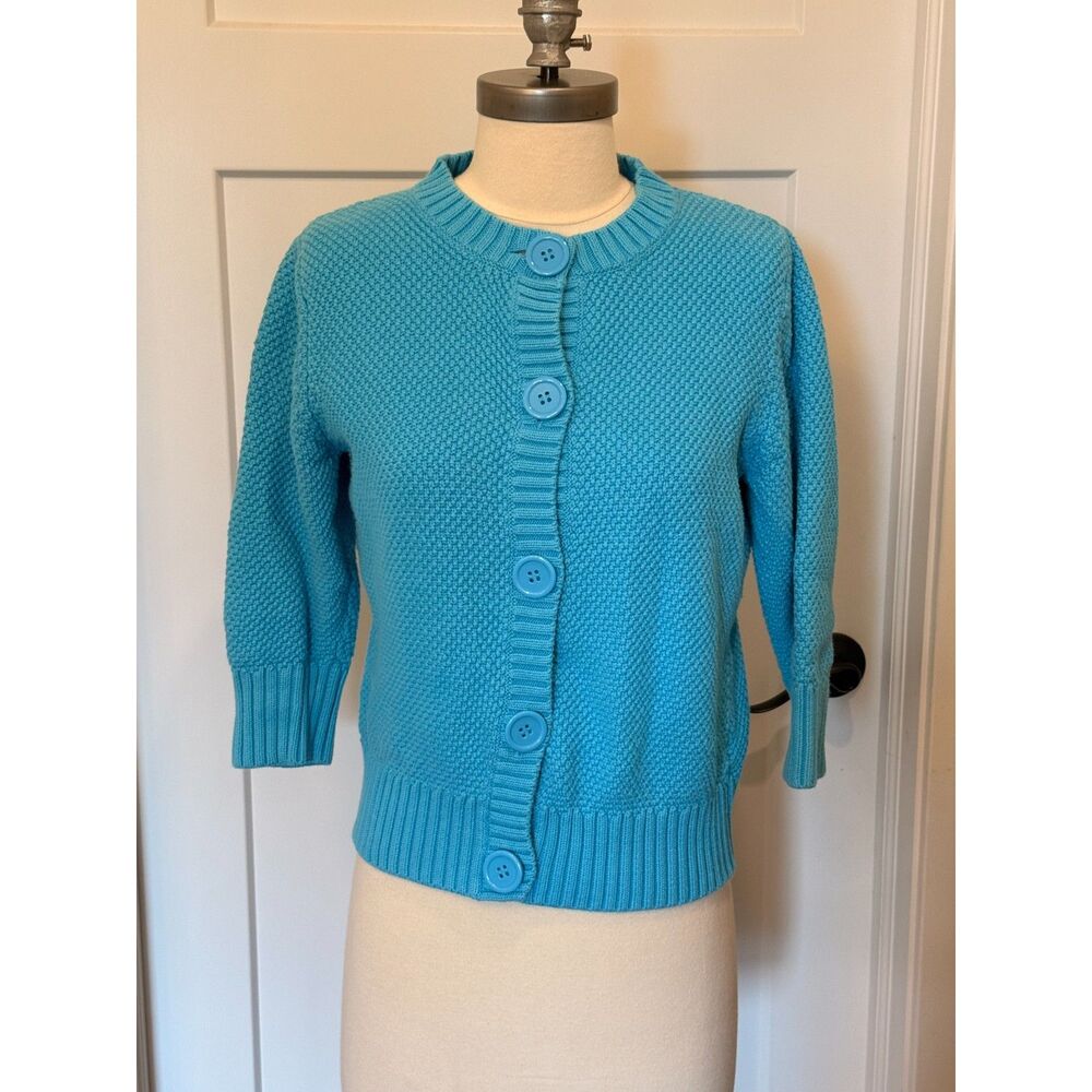 L.L. Bean Twee Blue Cardigan Giant Buttons 100% Cotton Sz Small 3/4 Sleeve